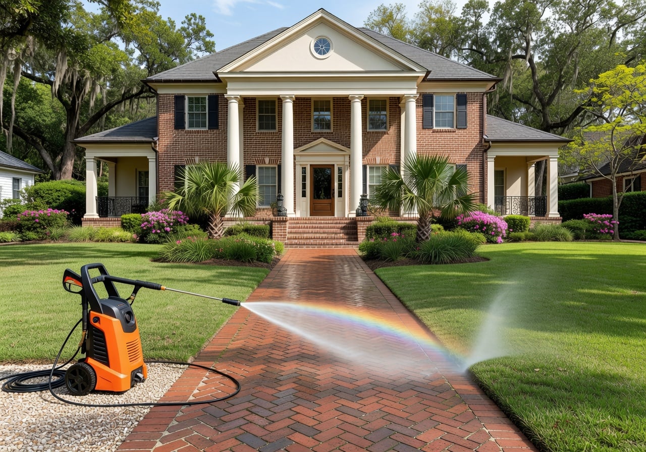 Professional technician carefully cleaning a brick walkway