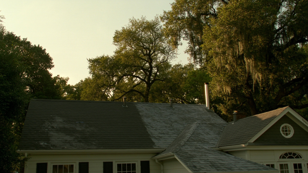 Charleston SC home roof with algae black streaks cleaned on one side by soft washing
